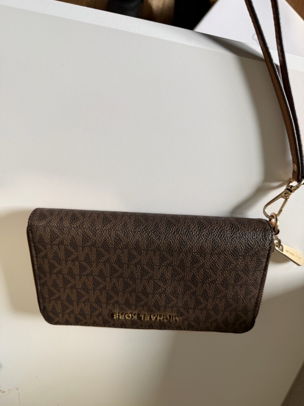 Michael Kors Brown Monogram Wristlet Wallet with Gold Hardware
